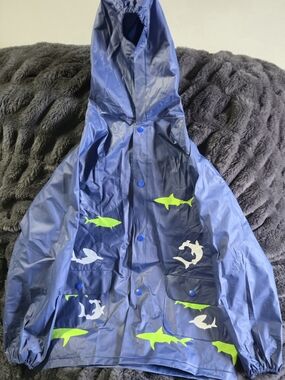 Kids Navy Blue Shark Print Raincoat Snap Closure Pockets